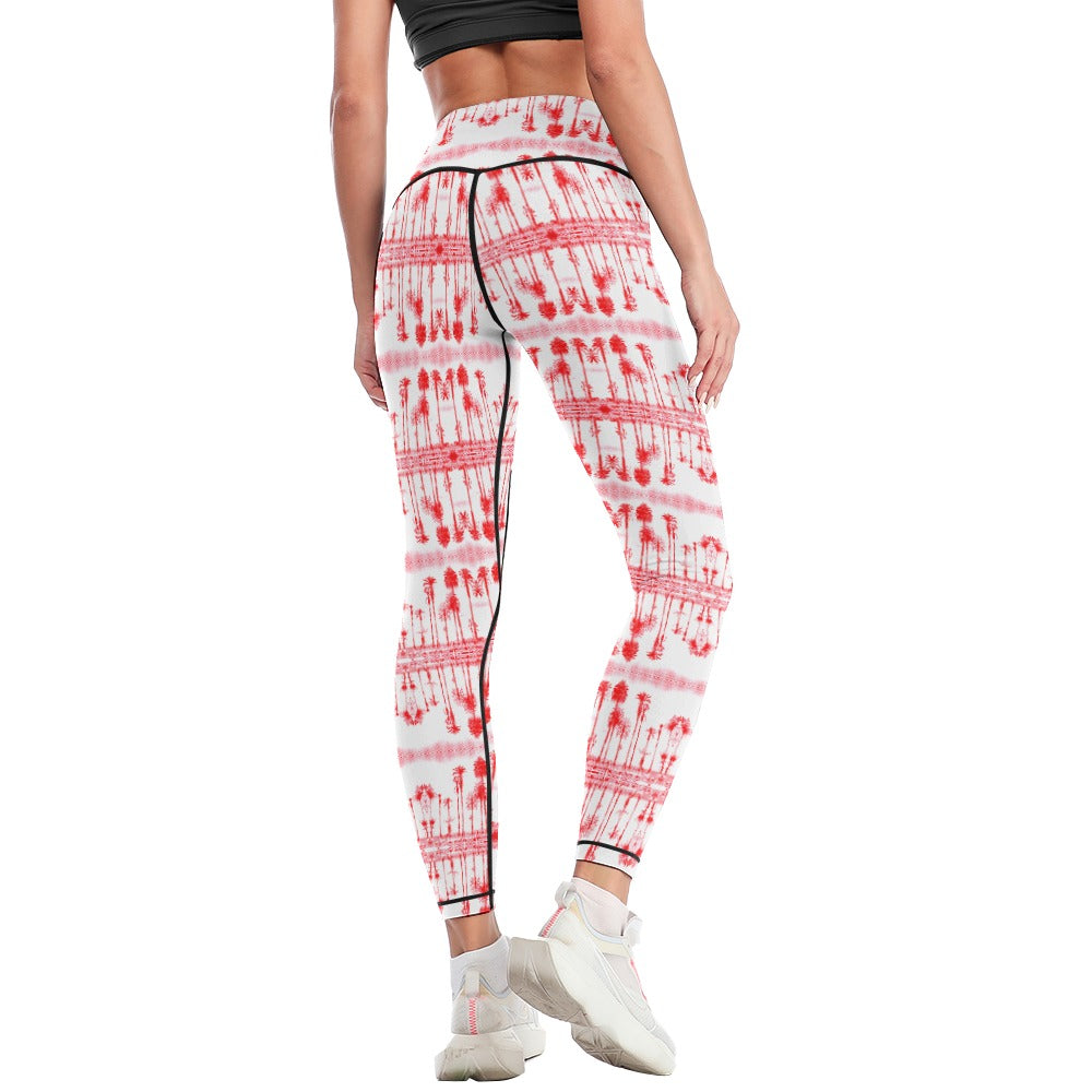 Santa Monica Red Palmtree Women's Comfort Sports Yoga Pants Art Meets Apparel