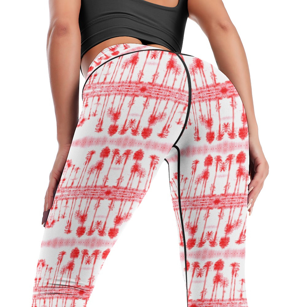 Santa Monica Red Palmtree Women's Comfort Sports Yoga Pants Art Meets Apparel