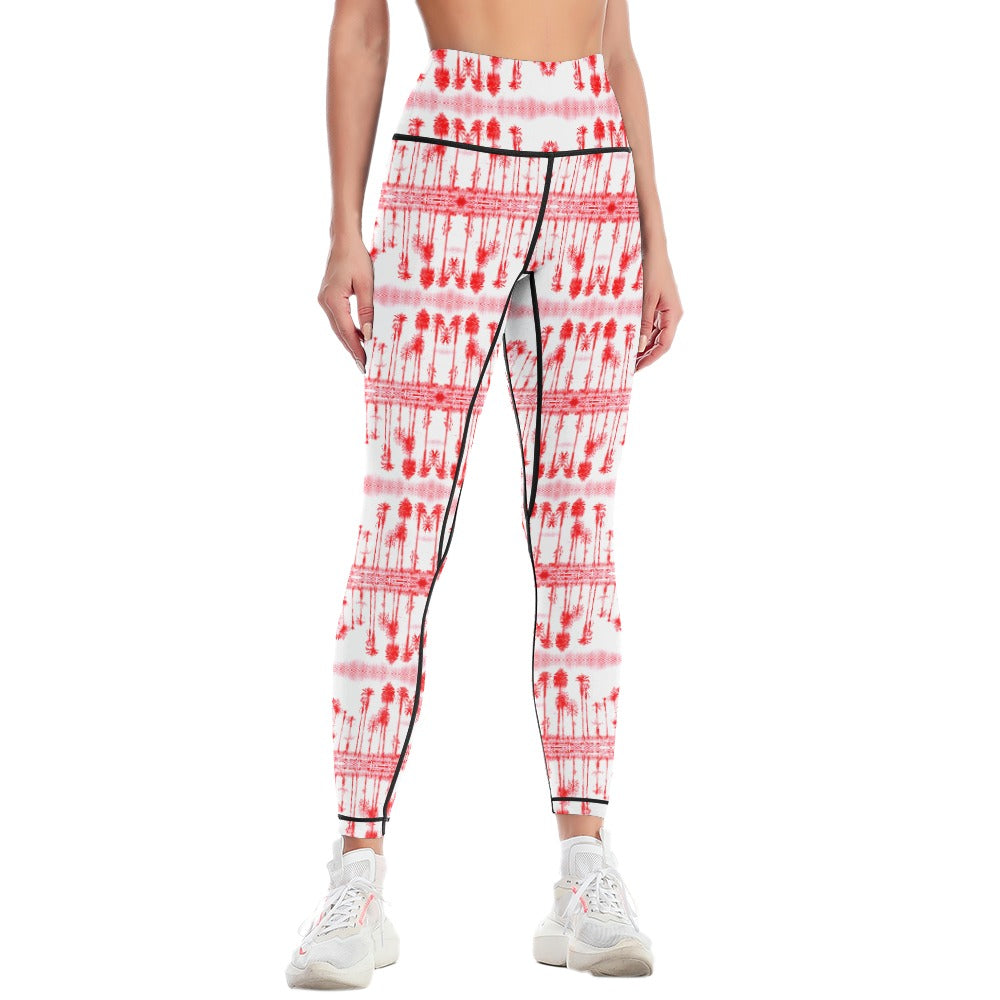 Santa Monica Red Palmtree Women's Comfort Sports Yoga Pants Art Meets Apparel