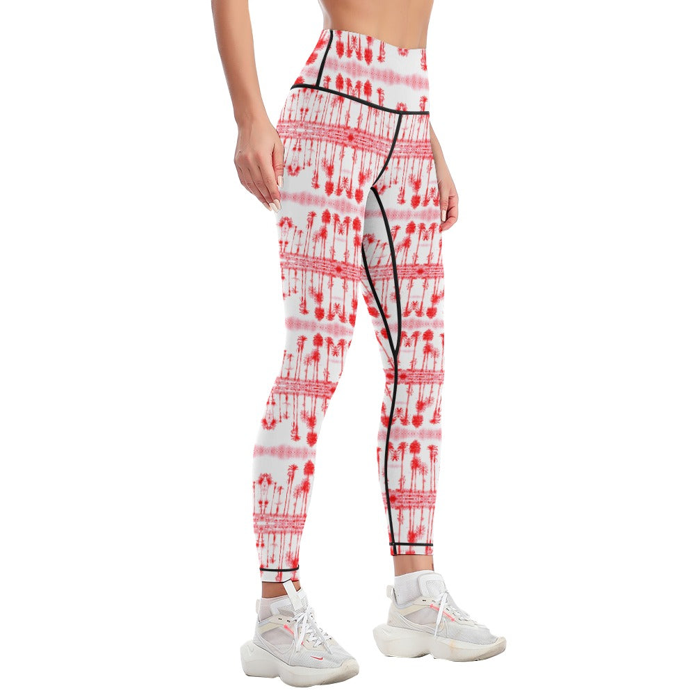 Santa Monica Red Palmtree Women's Comfort Sports Yoga Pants Art Meets Apparel